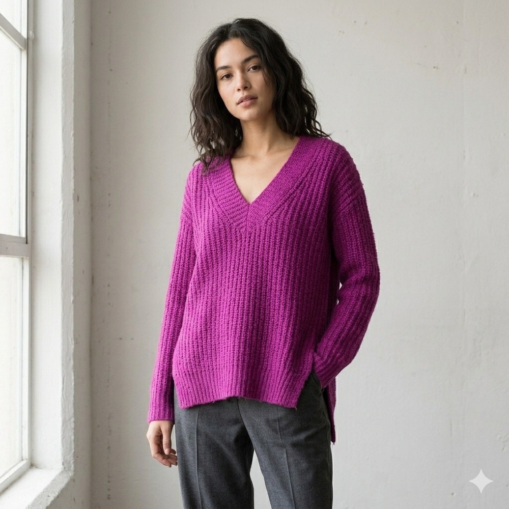 Vince Sweater Womens‎ Large Magenta Purple V-Neck Chunky Ribbed Knit Oversized